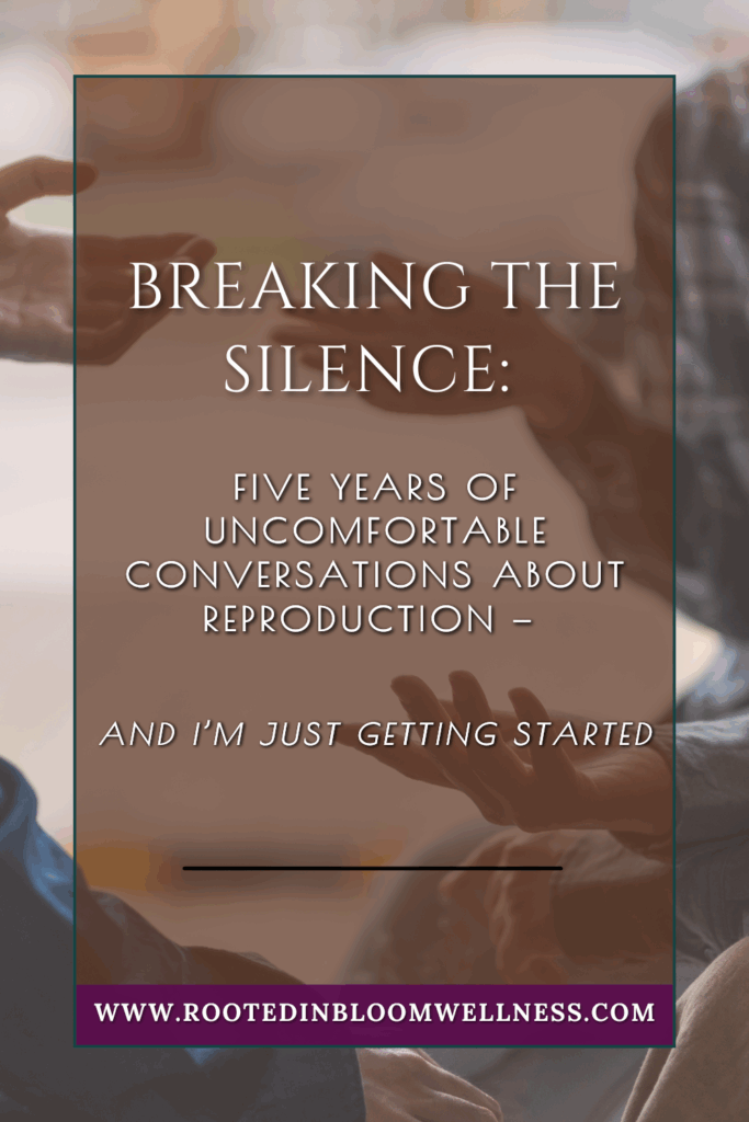 Pinterest pin with background of people in conversation, hands visible only, with brown transparency overlay with blog post title: Five Years of Uncomfortable Conversations About Reproduction — And I’m Just Getting Started. Followed by www.rootedinbloomwellness.com on top of a purple rectangle.